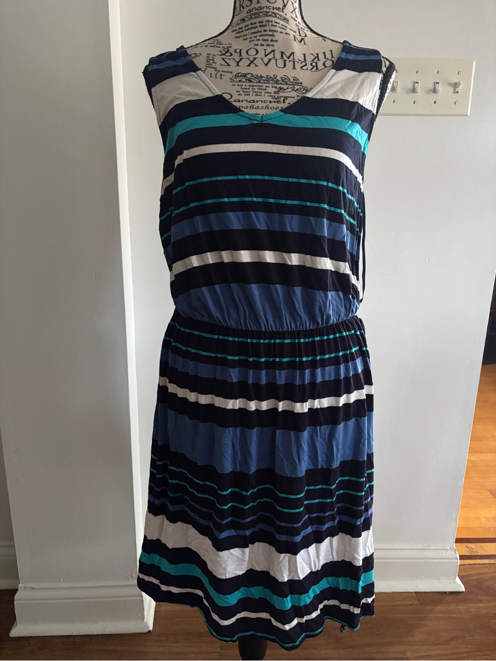 Striped V-Neck Sleeveless Dress in Navy, Teal & White - Picture 1 of 3